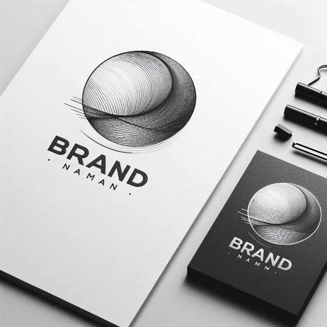 A modern, minimalist logo sketch beside a brand name blending artistic elements with sleek design, representing a creative company's identity.