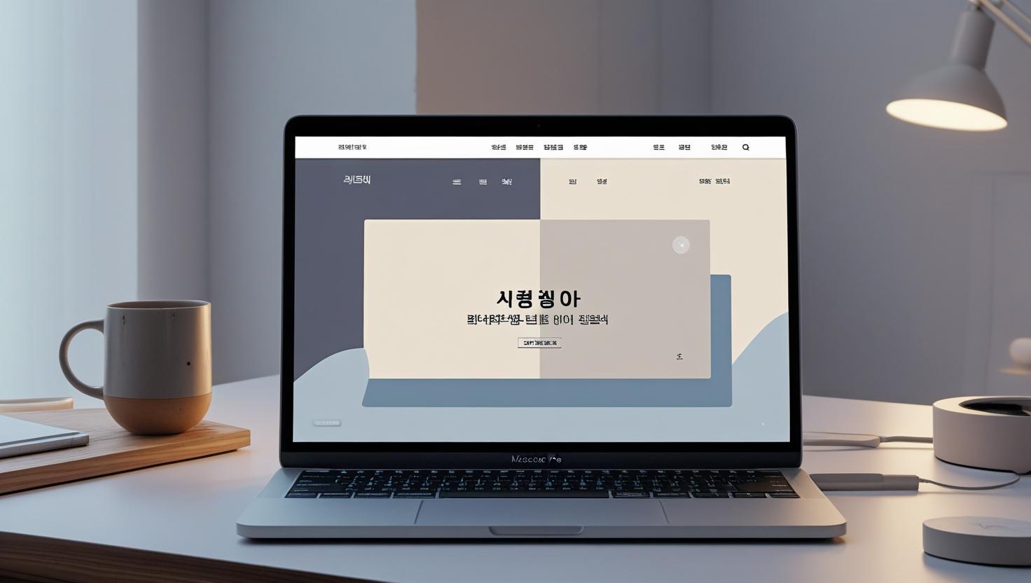 Minimalist Korean website on laptop with soft lighting, neutral tones, and icons.