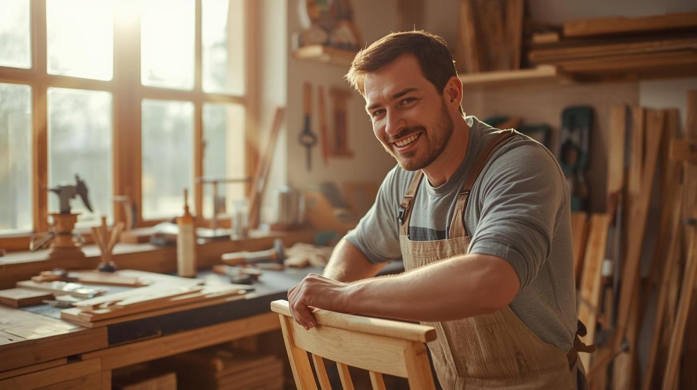 Smiling carpenter polishing handcrafted wooden chair in bright Radolfzell workshop with sunlight.